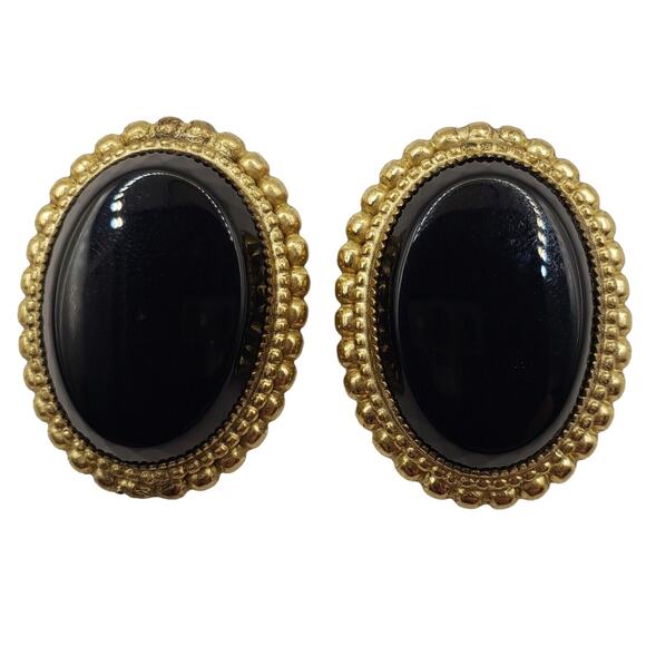 Whiting Davis Faux Black Onyx Clip Earrings Gold Tone MCM 1960s Oval Classic - Picture 1 of 6